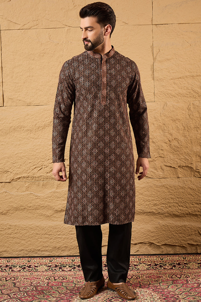 Brown Viscose Rayon Ethnic Motifs Embroidered Chikankari Straight Kurta | SHOBITAM