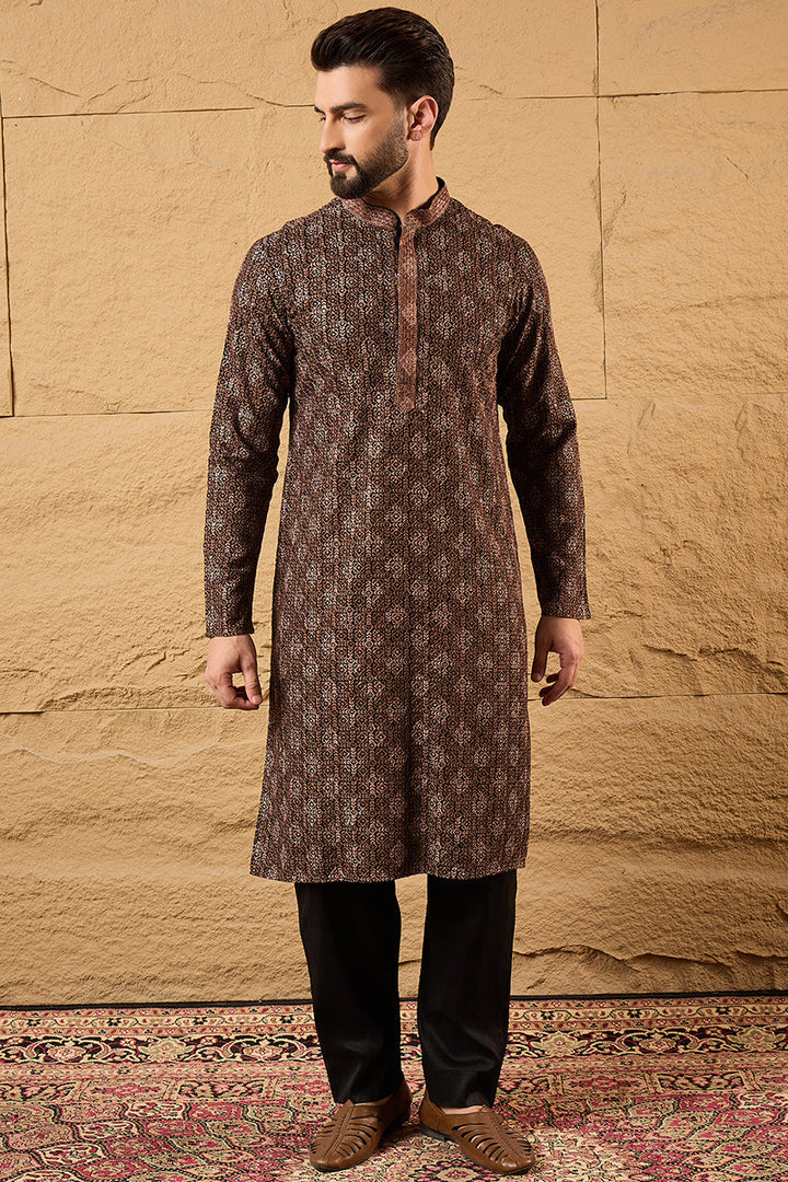 Brown Viscose Rayon Ethnic Motifs Embroidered Chikankari Straight Kurta | SHOBITAM