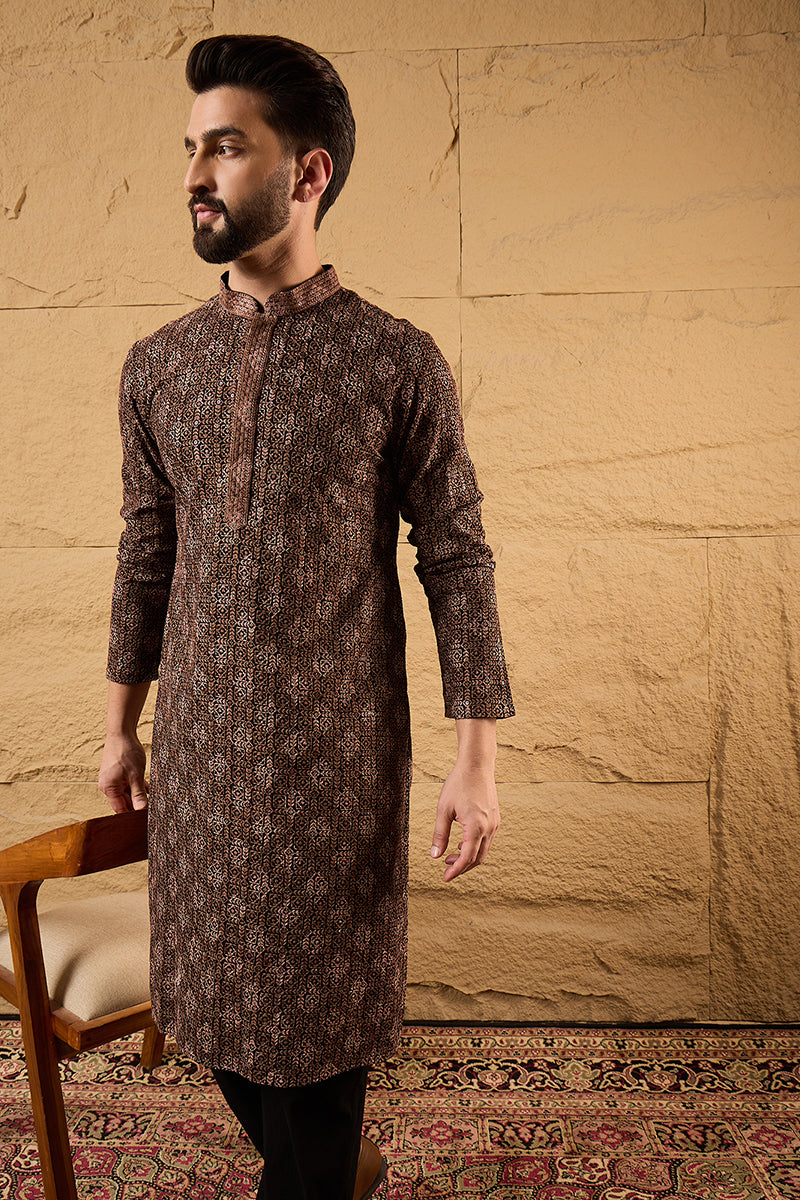Brown Viscose Rayon Ethnic Motifs Embroidered Chikankari Straight Kurta | SHOBITAM