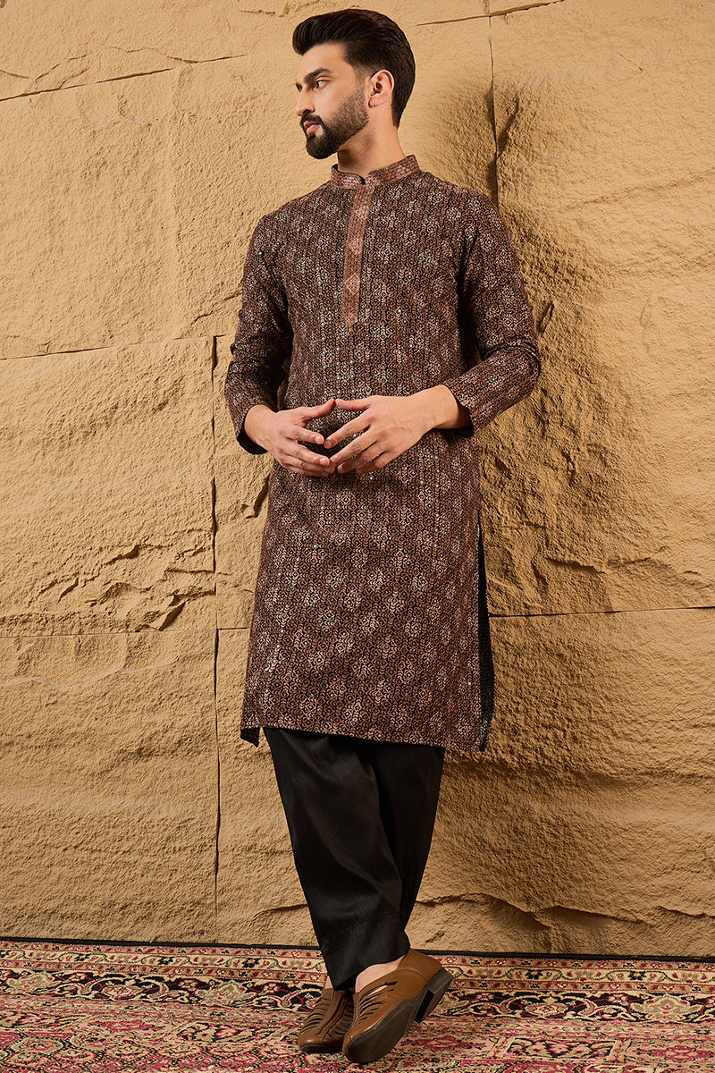 Brown Viscose Rayon Ethnic Motifs Embroidered Chikankari Straight Kurta | SHOBITAM