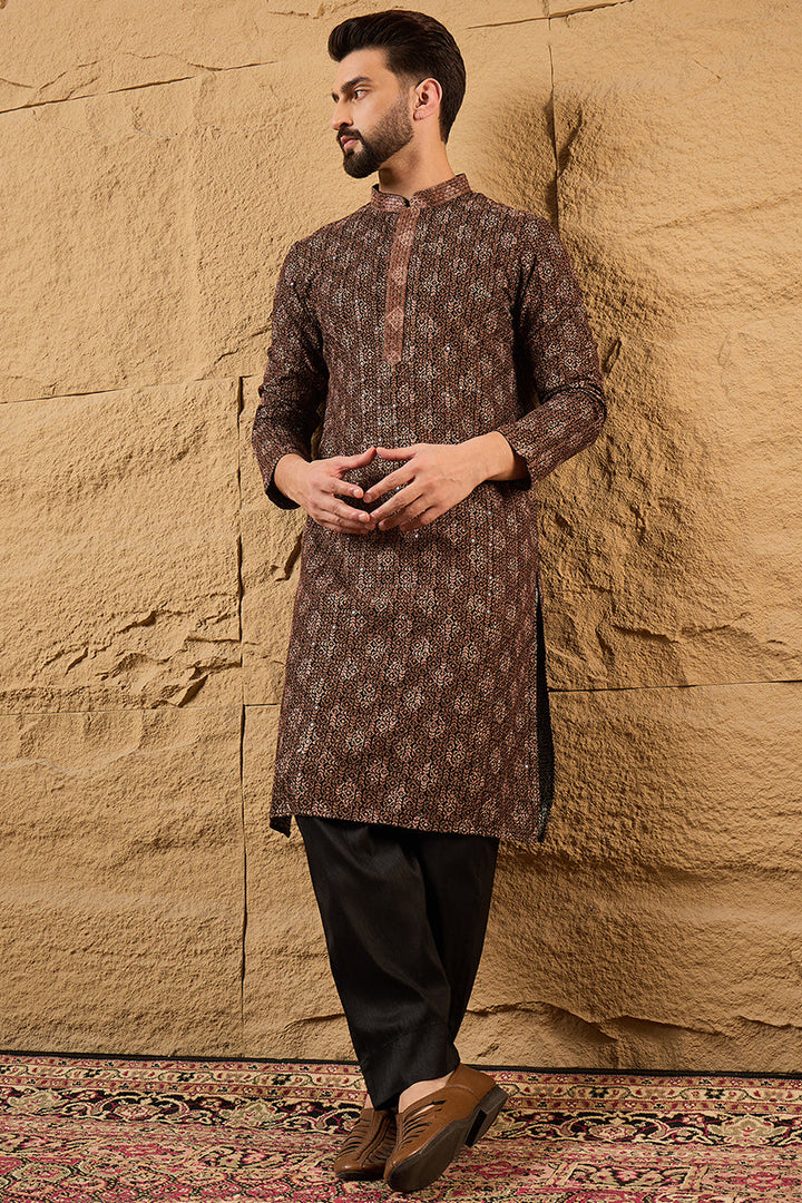 Brown Viscose Rayon Ethnic Motifs Embroidered Chikankari Straight Kurta | SHOBITAM
