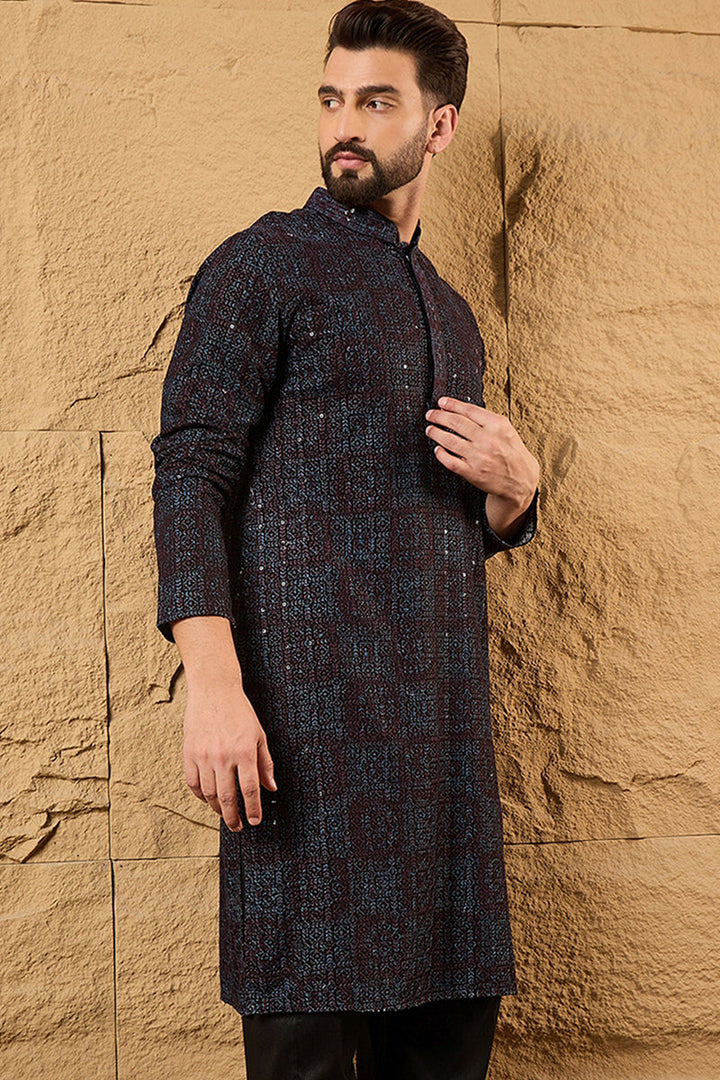 Black Viscose Rayon Geometric Embroidered Chikankari Straight Kurta | SHOBITAM