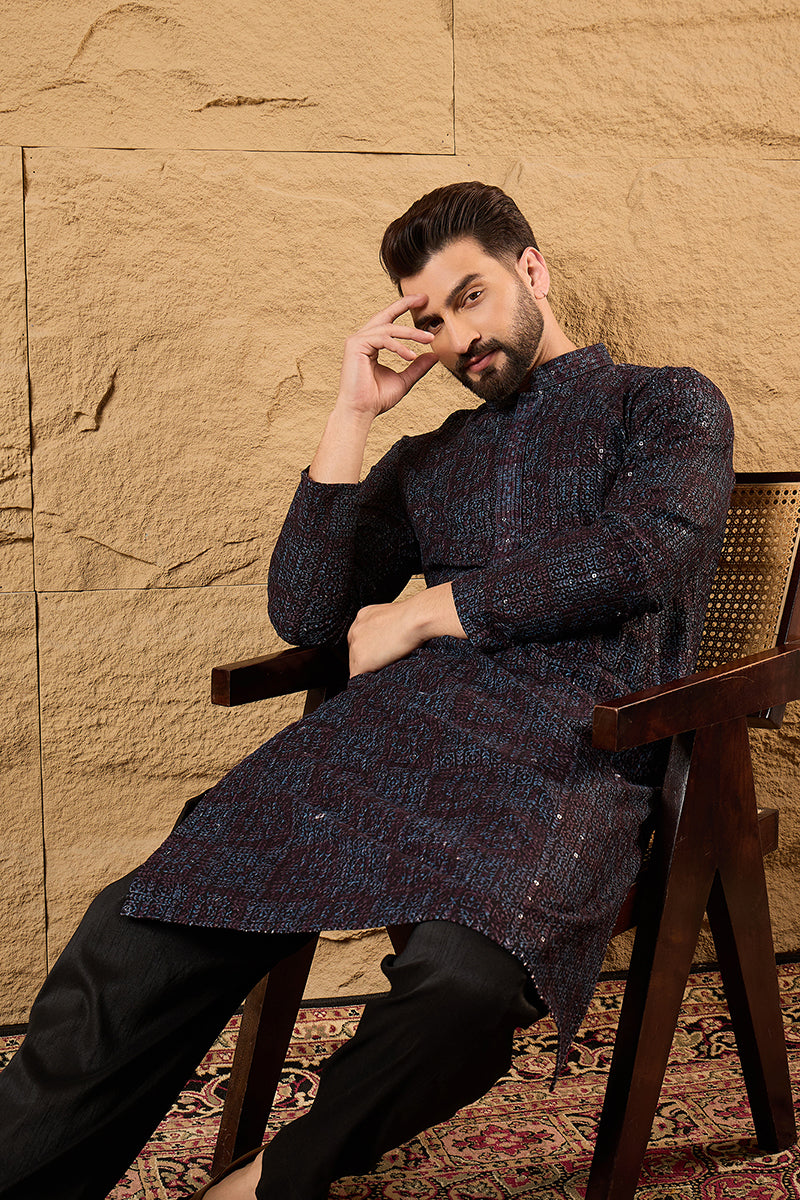 Black Viscose Rayon Geometric Embroidered Chikankari Straight Kurta | SHOBITAM