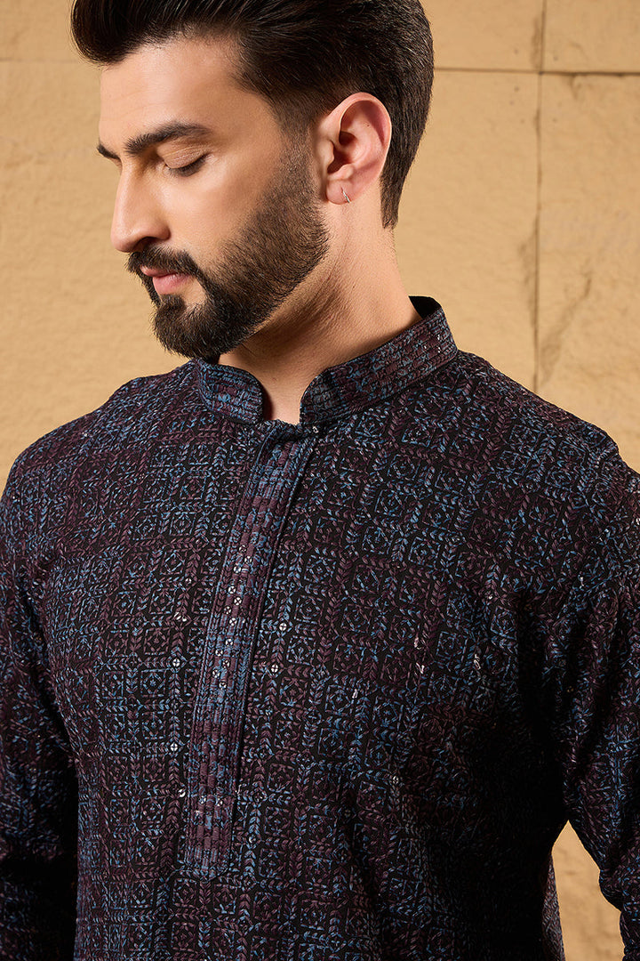 Black Viscose Rayon Geometric Embroidered Chikankari Straight Kurta | SHOBITAM