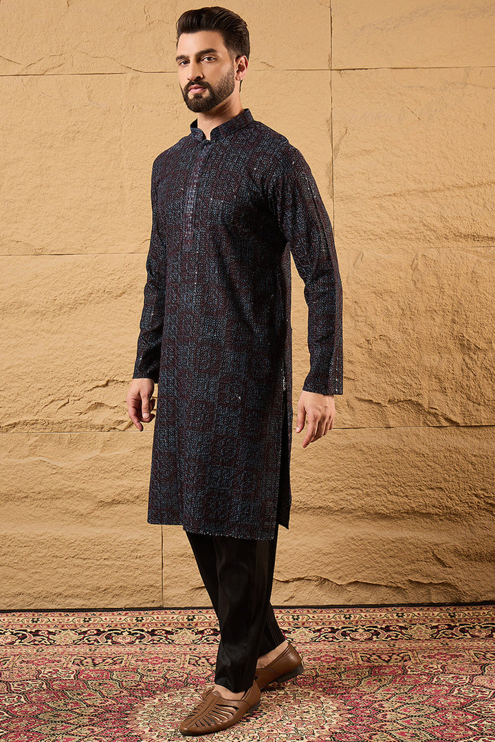 Black Viscose Rayon Geometric Embroidered Chikankari Straight Kurta | SHOBITAM