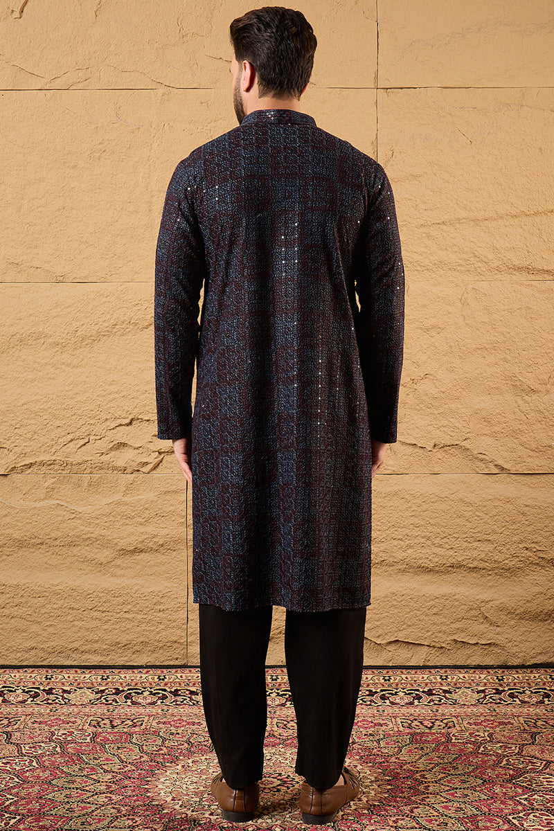 Black Viscose Rayon Geometric Embroidered Chikankari Straight Kurta | SHOBITAM