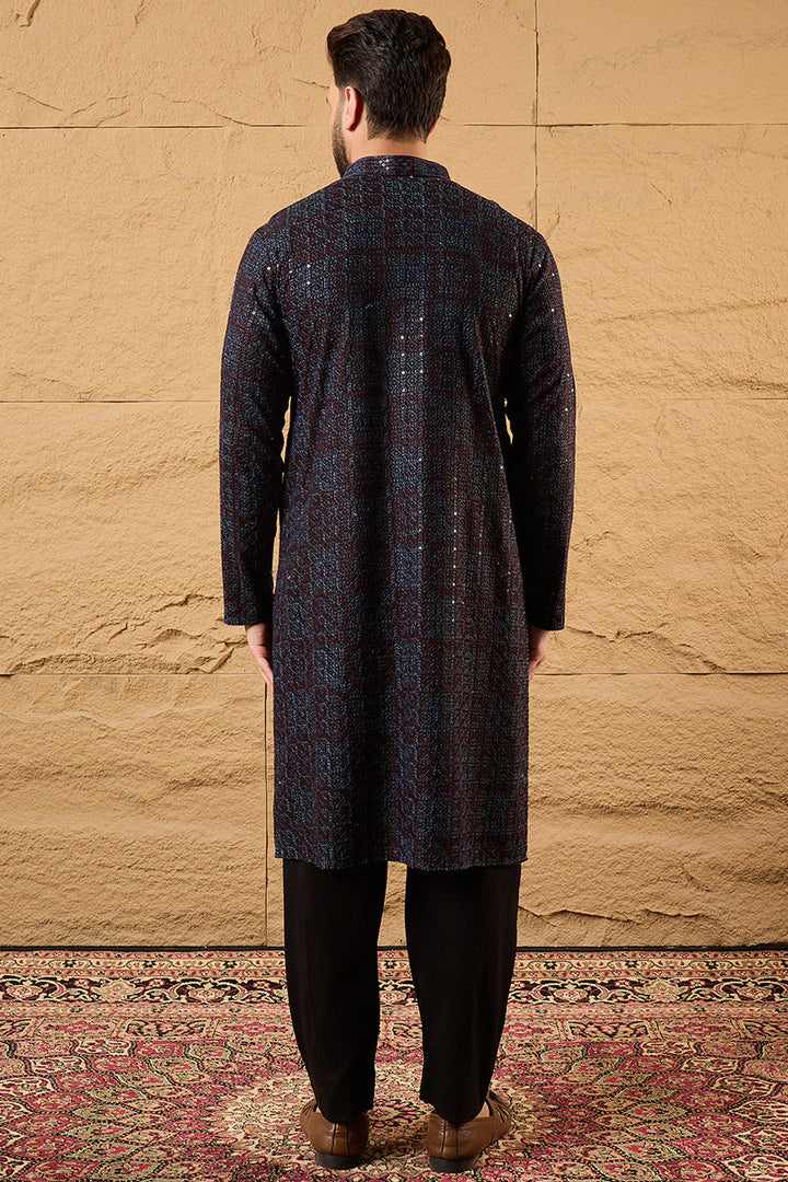 Black Viscose Rayon Geometric Embroidered Chikankari Straight Kurta Pant Set | SHOBITAM