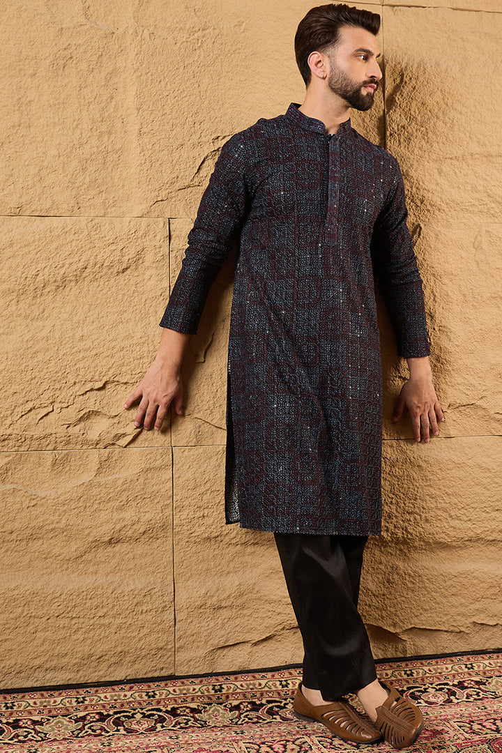 Black Viscose Rayon Geometric Embroidered Chikankari Straight Kurta | SHOBITAM