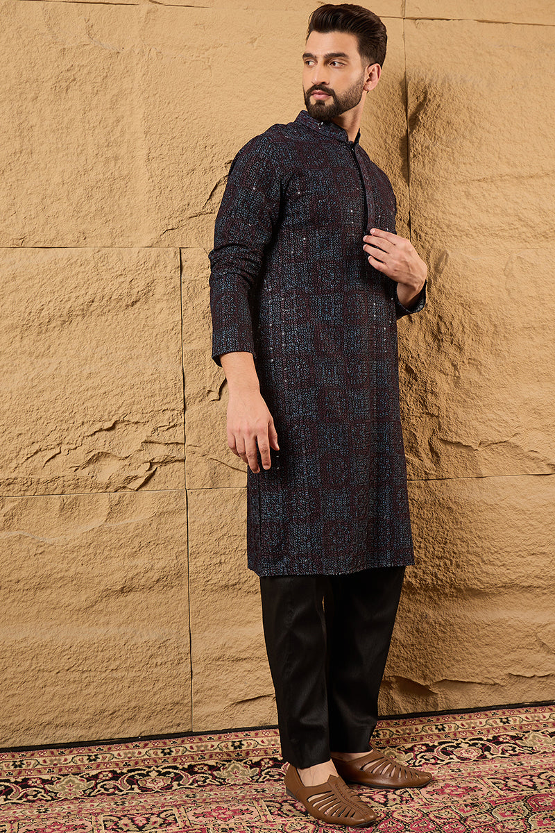 Black Viscose Rayon Geometric Embroidered Chikankari Straight Kurta | SHOBITAM