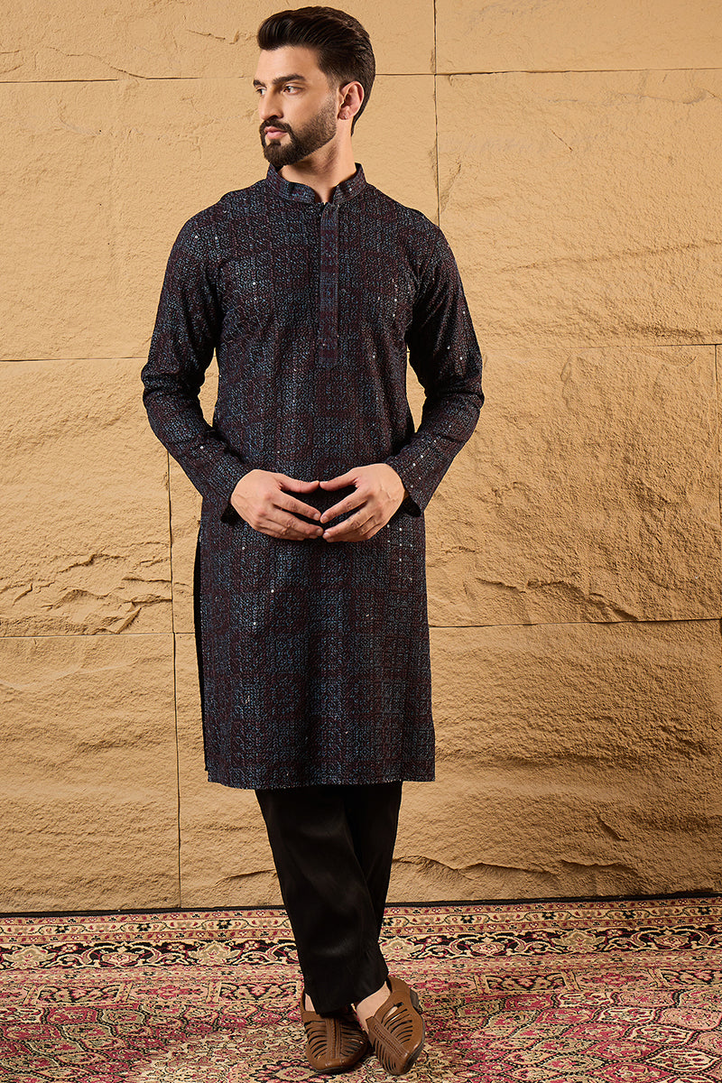 Black Viscose Rayon Geometric Embroidered Chikankari Straight Kurta | SHOBITAM