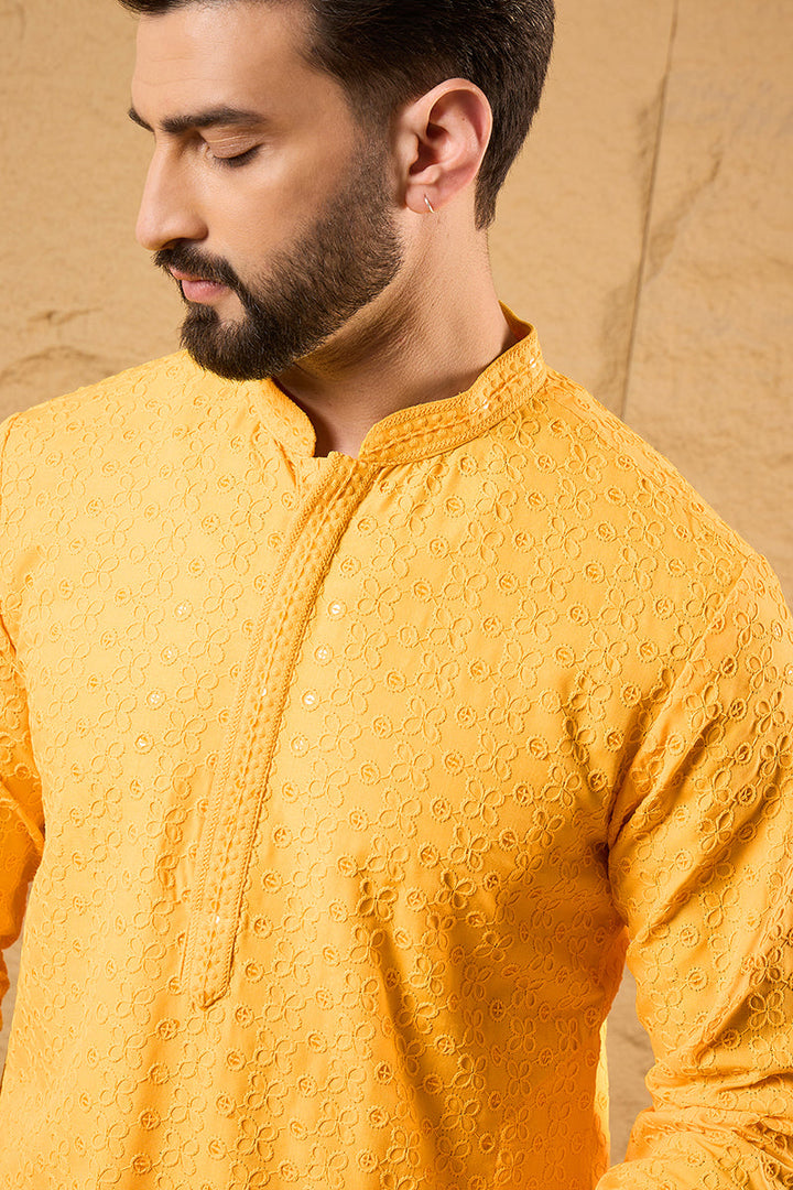 Yellow Viscose Rayon Embroidered Chikankari Straight Kurta | SHOBITAM