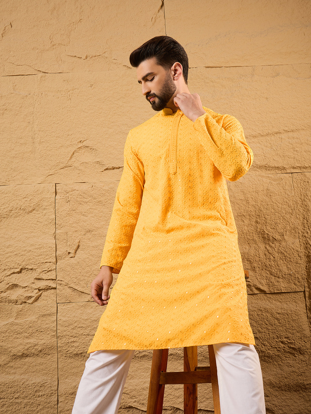 Yellow Viscose Rayon Embroidered Chikankari Straight Kurta | SHOBITAM