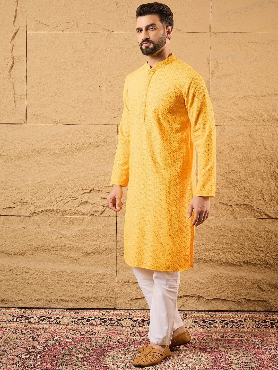 Yellow Viscose Rayon Embroidered Chikankari Straight Kurta | SHOBITAM