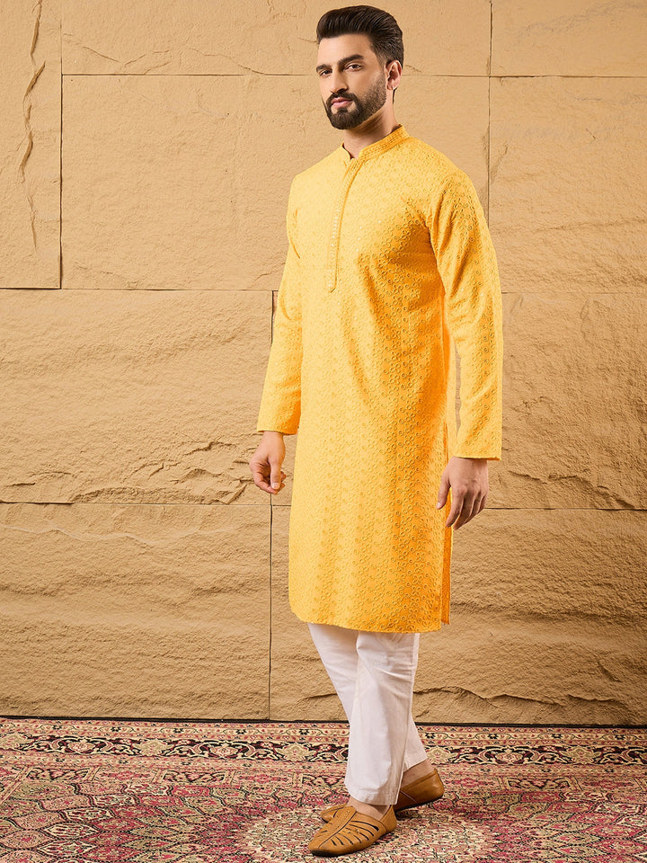 Yellow Viscose Rayon Embroidered Chikankari Straight Kurta | SHOBITAM