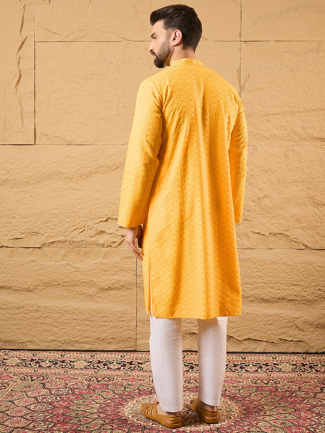 Yellow Viscose Rayon Embroidered Chikankari Straight Kurta | SHOBITAM