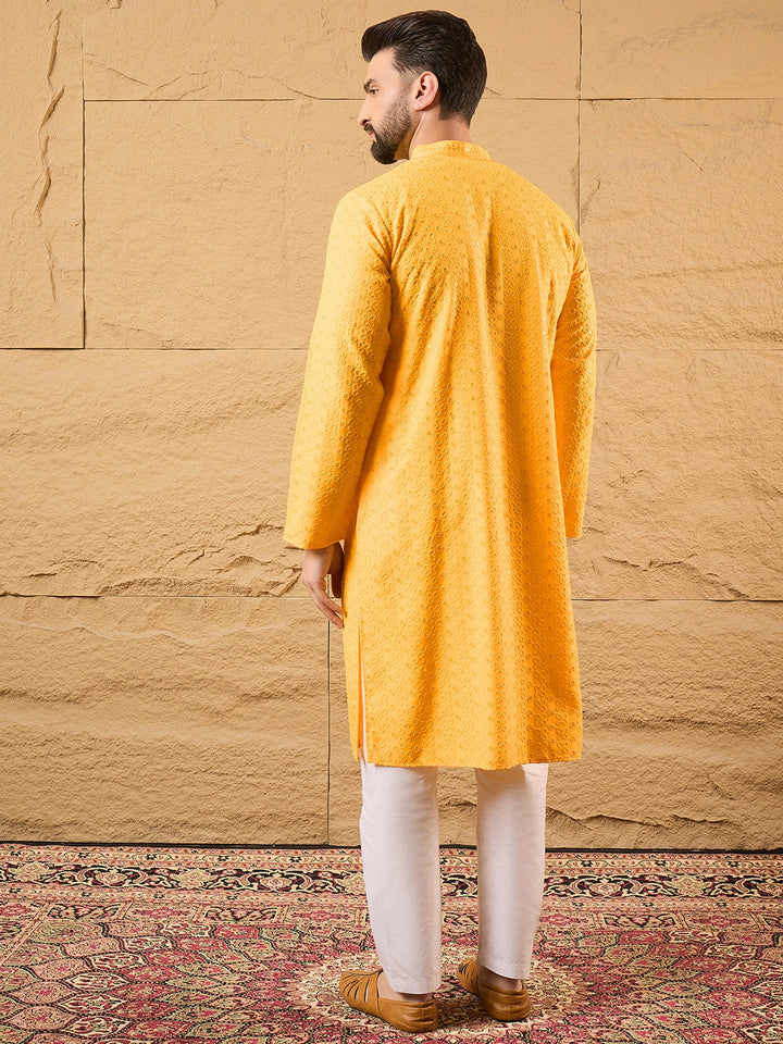 Yellow Viscose Rayon Embroidered Chikankari Straight Kurta | SHOBITAM