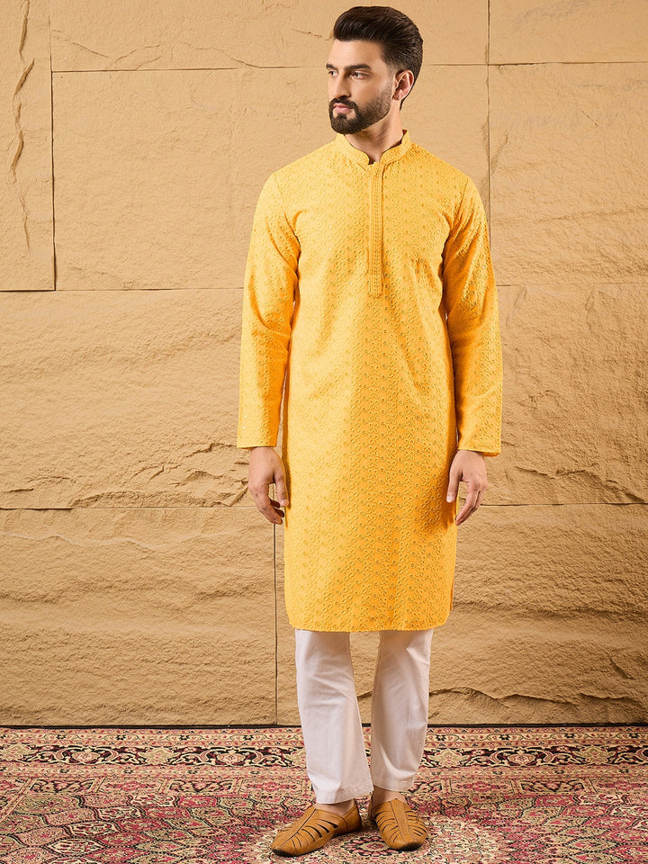 Yellow Viscose Rayon Embroidered Chikankari Straight Kurta | SHOBITAM