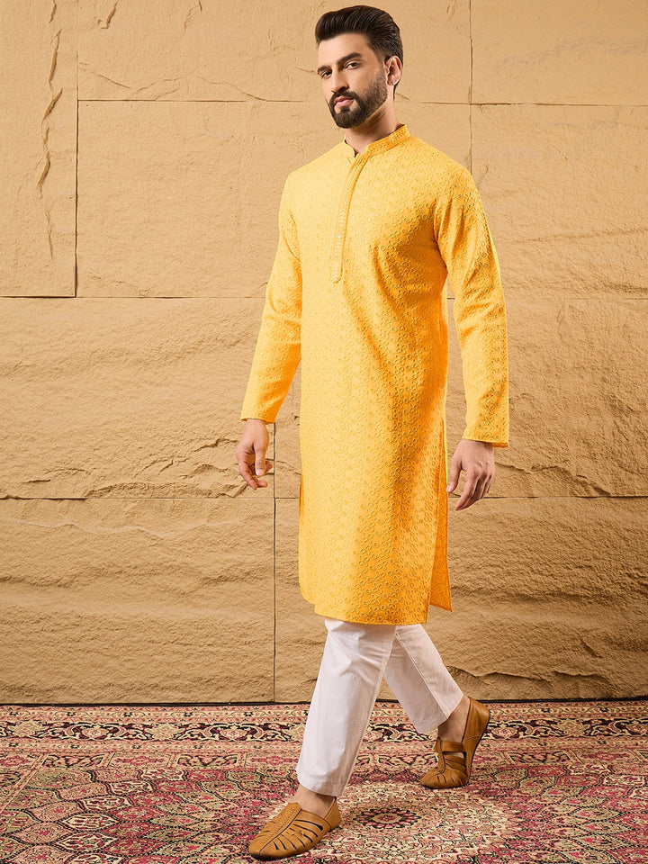 Yellow Viscose Rayon Embroidered Chikankari Straight Kurta | SHOBITAM