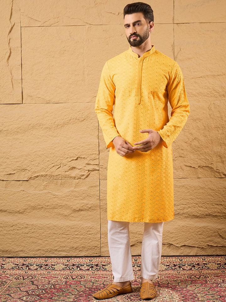 Yellow Viscose Rayon Embroidered Chikankari Straight Kurta | SHOBITAM
