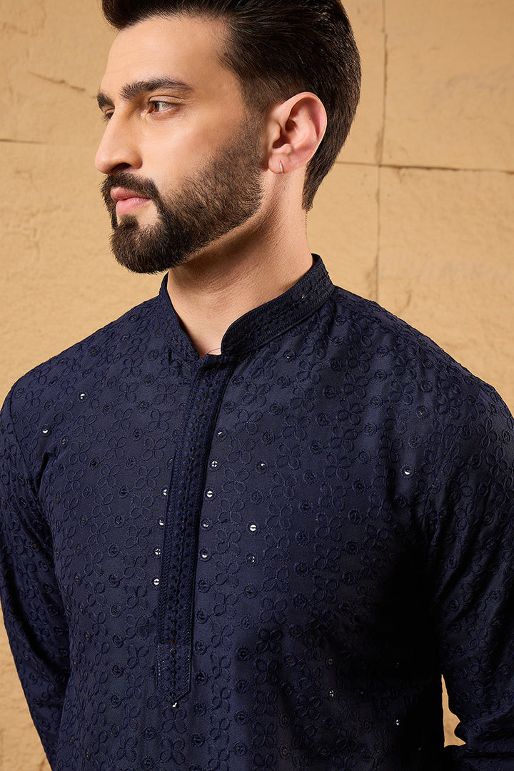 Blue Viscose Rayon Solid Embroidered Straight Kurta With Pant Set | SHOBITAM