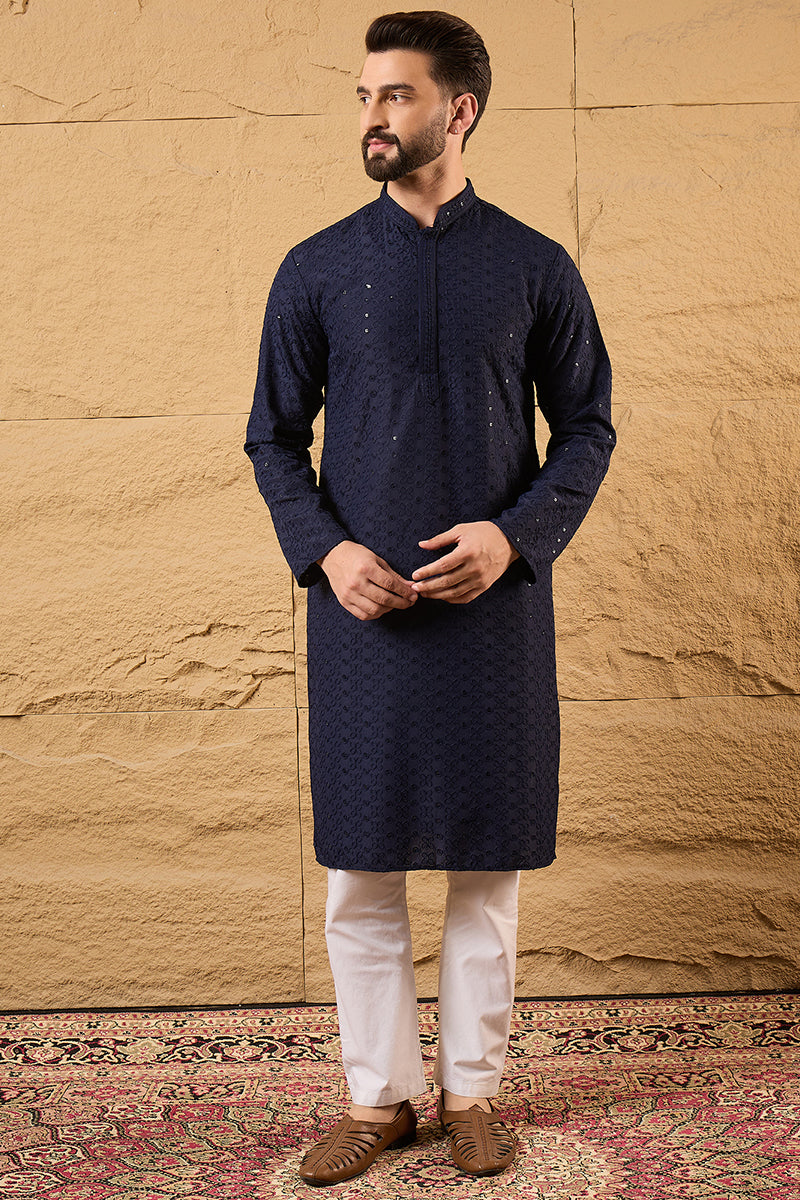 Blue Viscose Rayon Solid Embroidered Straight Kurta With Pant Set | SHOBITAM