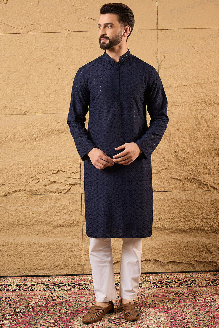 Blue Viscose Rayon Solid Embroidered Straight Kurta With Pant Set | SHOBITAM