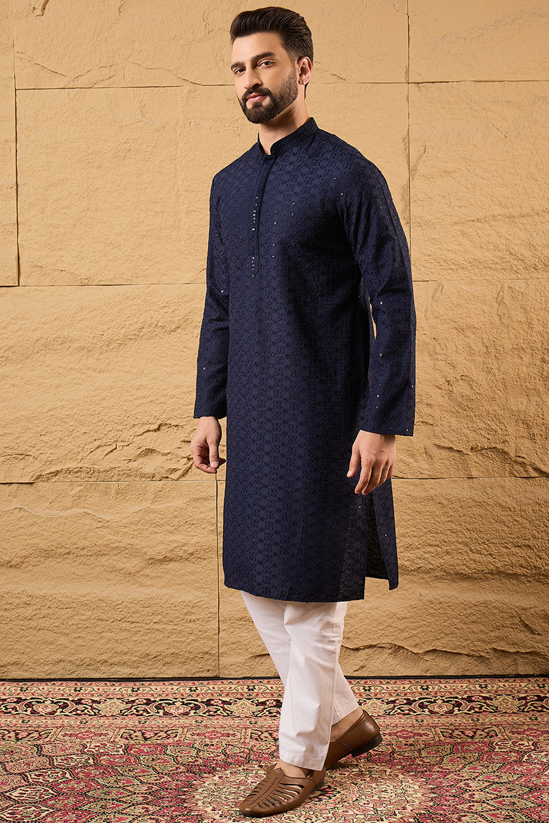 Blue Viscose Rayon Solid Embroidered Straight Kurta With Pant Set | SHOBITAM