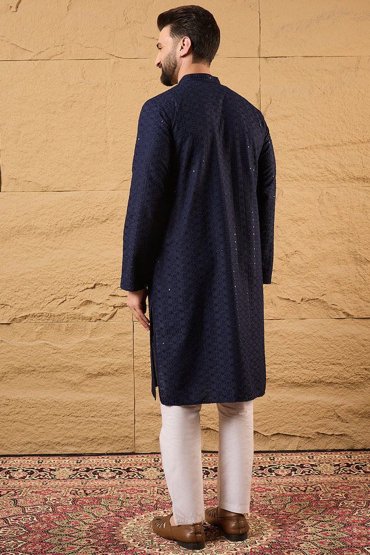 Blue Viscose Rayon Solid Embroidered Straight Kurta With Pant Set | SHOBITAM
