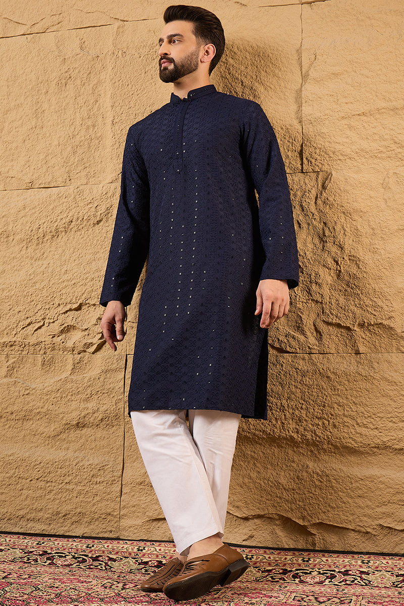 Blue Viscose Rayon Solid Embroidered Straight Kurta With Pant Set | SHOBITAM