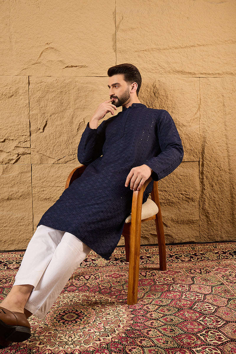 Blue Viscose Rayon Solid Embroidered Straight Kurta With Pant Set | SHOBITAM