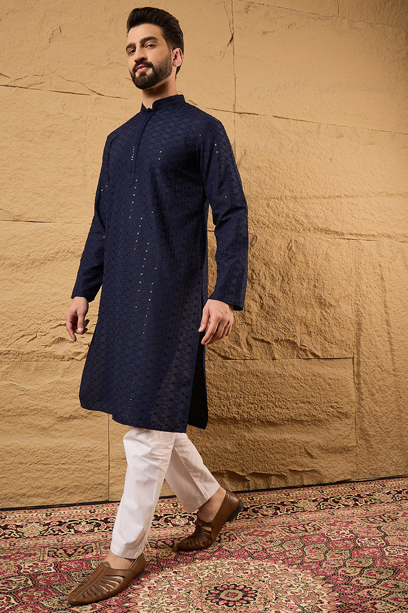 Blue Viscose Rayon Solid Embroidered Straight Kurta With Pant Set | SHOBITAM
