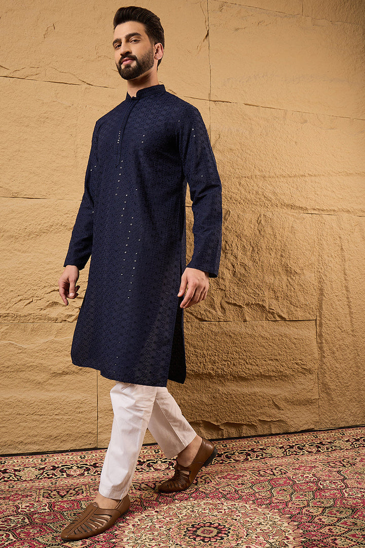 Blue Viscose Rayon Solid Embroidered Straight Kurta With Pant Set | SHOBITAM