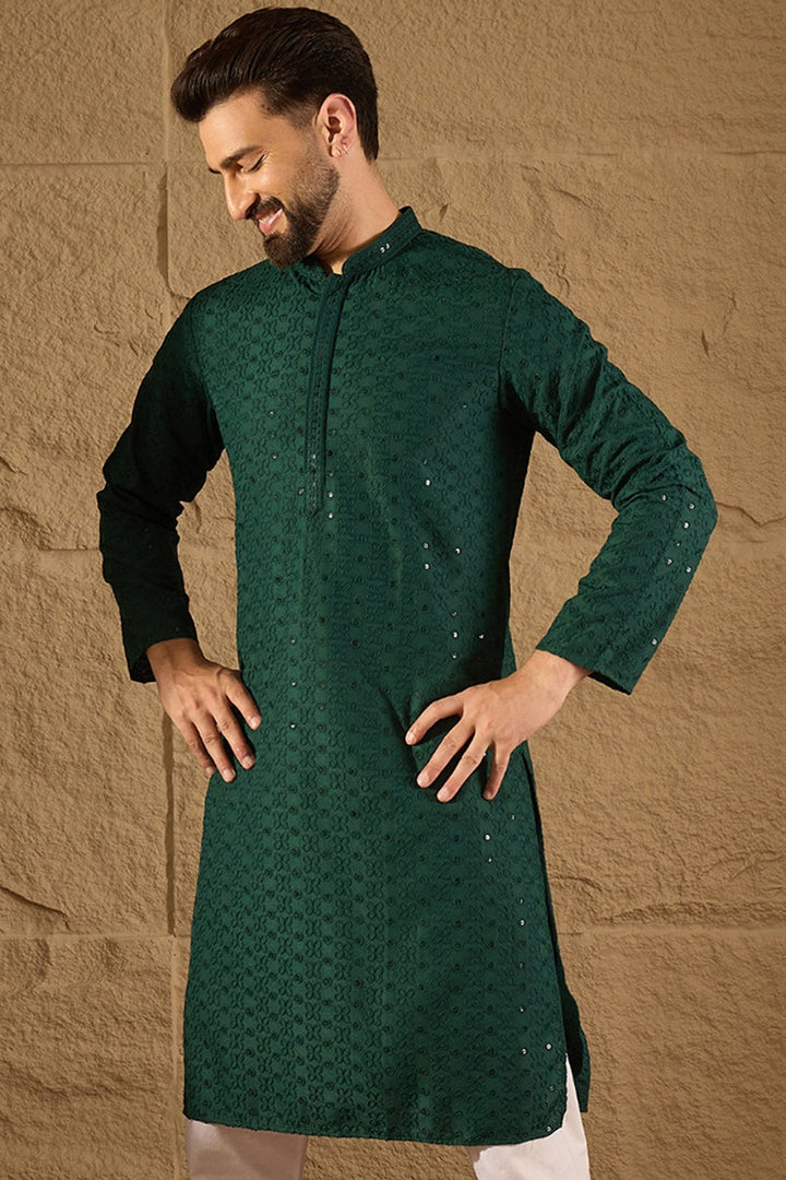 Green Viscose Rayon Solid Embroidered Straight Kurta | SHOBITAM