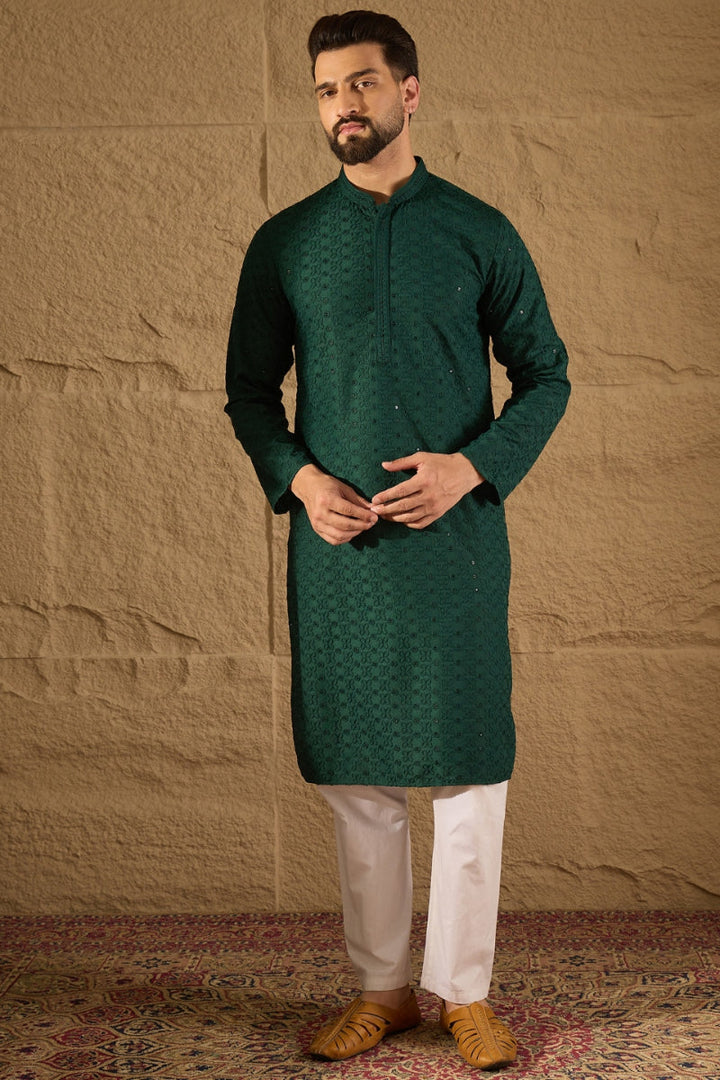 Green Viscose Rayon Solid Embroidered Straight Kurta | SHOBITAM