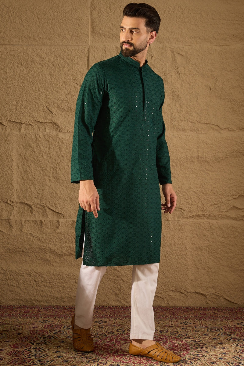Green Viscose Rayon Solid Embroidered Straight Kurta | SHOBITAM