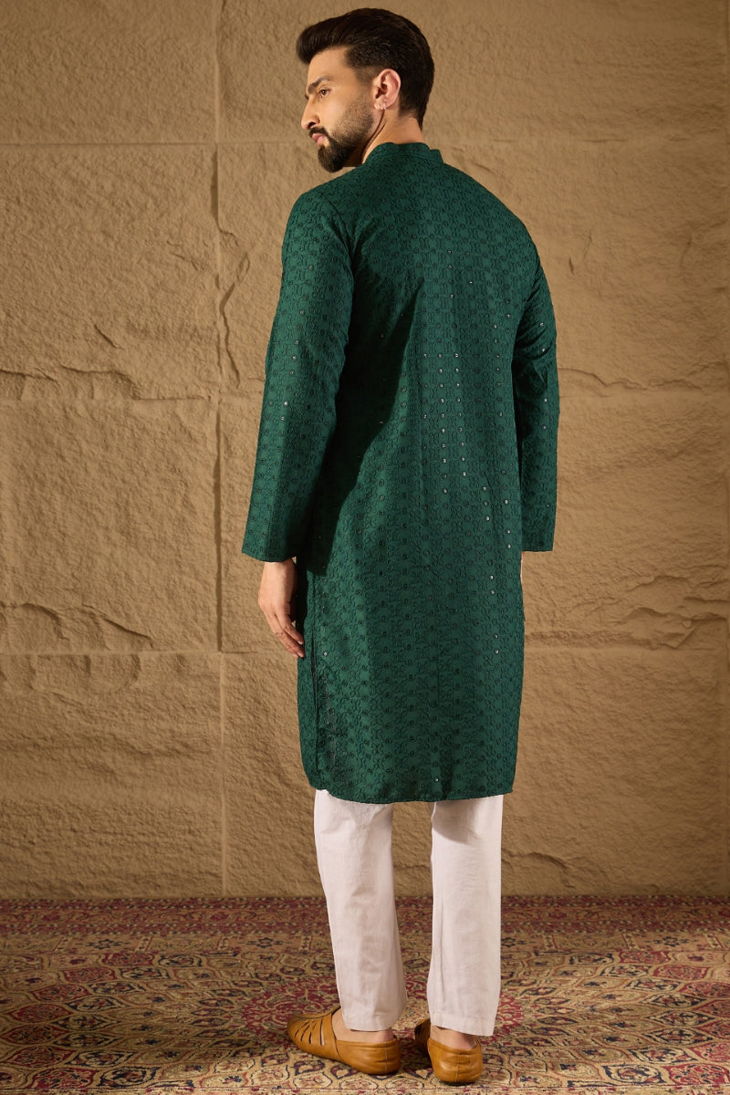 Green Viscose Rayon Solid Embroidered Straight Kurta | SHOBITAM