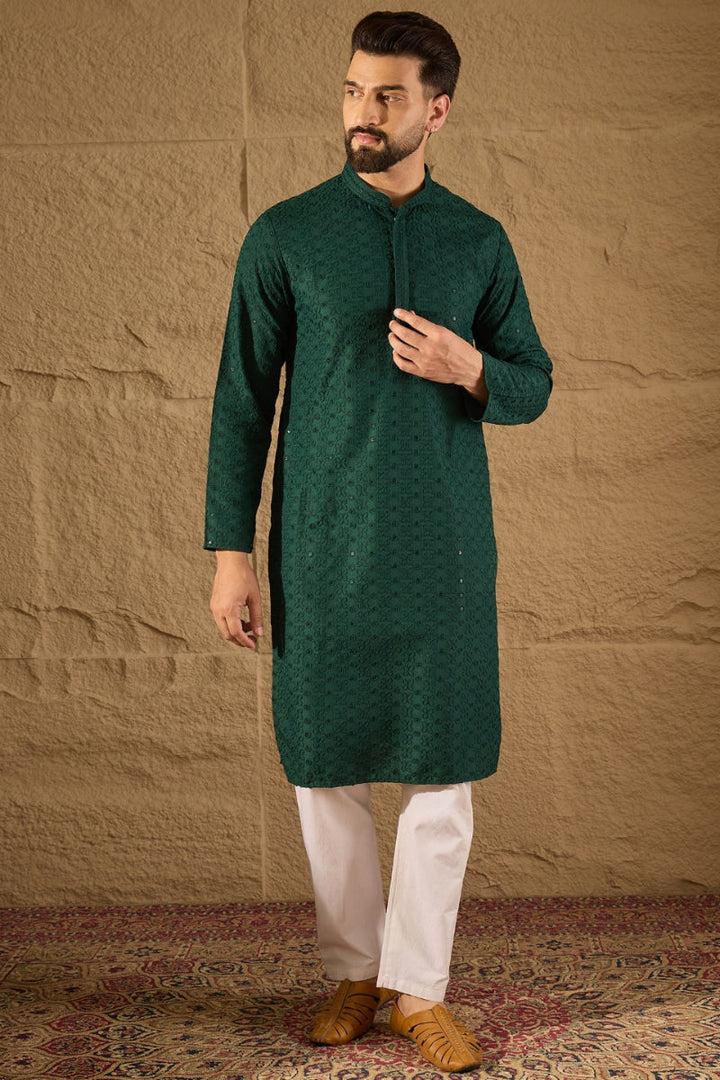 Green Viscose Rayon Solid Embroidered Straight Kurta | SHOBITAM
