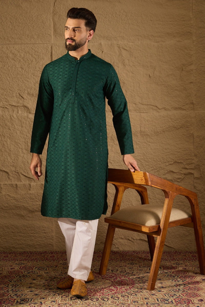 Green Viscose Rayon Solid Embroidered Straight Kurta | SHOBITAM