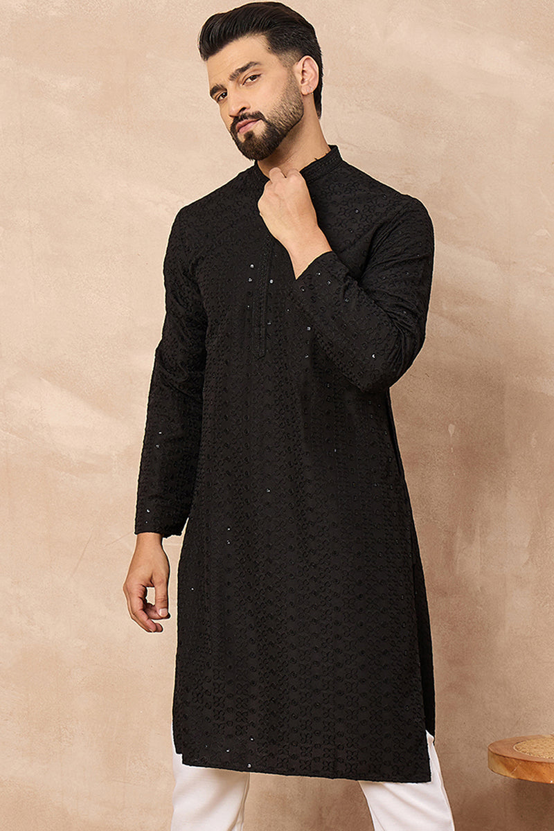 Black Viscose Rayon Solid Embroidered Straight Kurta | SHOBITAM
