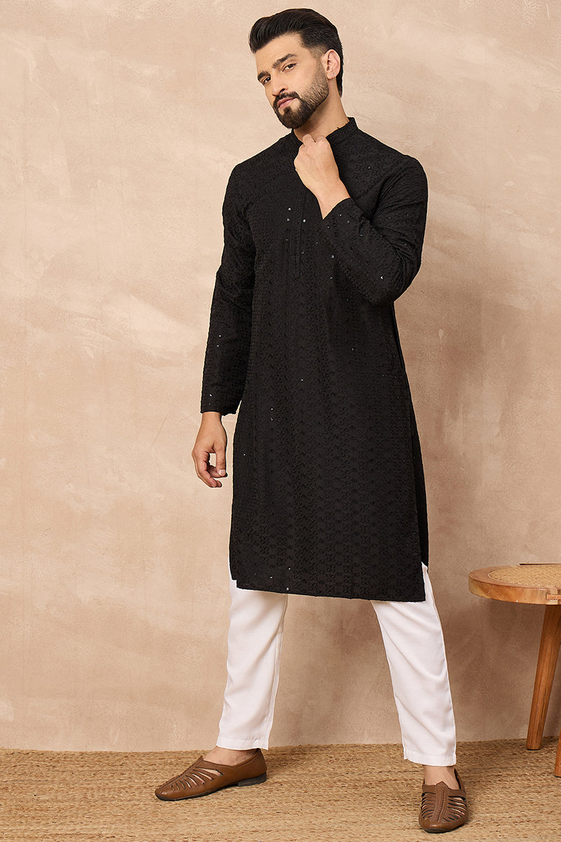 Black Viscose Rayon Embroidered Straight Kurta With Trousers | SHOBITAM