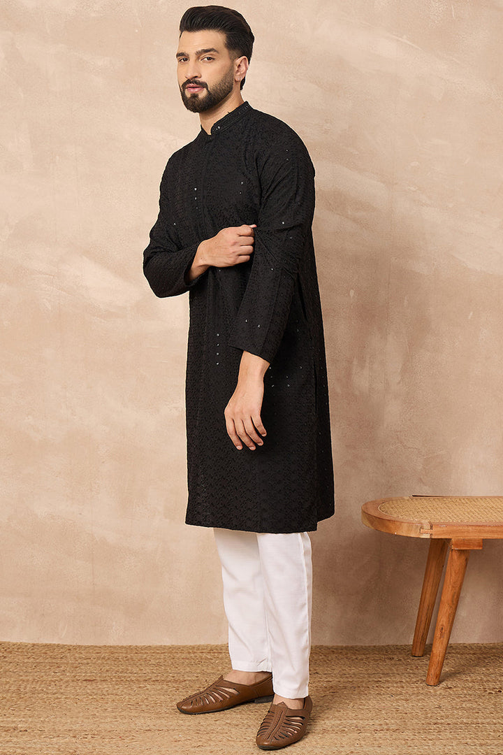 Black Viscose Rayon Solid Embroidered Straight Kurta | SHOBITAM