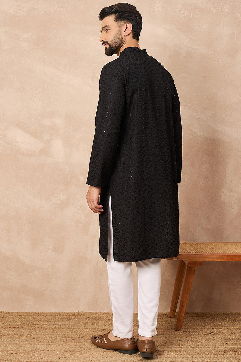 Black Viscose Rayon Solid Embroidered Straight Kurta | SHOBITAM