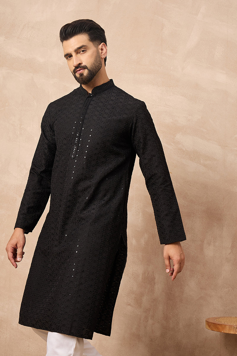 Black Viscose Rayon Solid Embroidered Straight Kurta | SHOBITAM