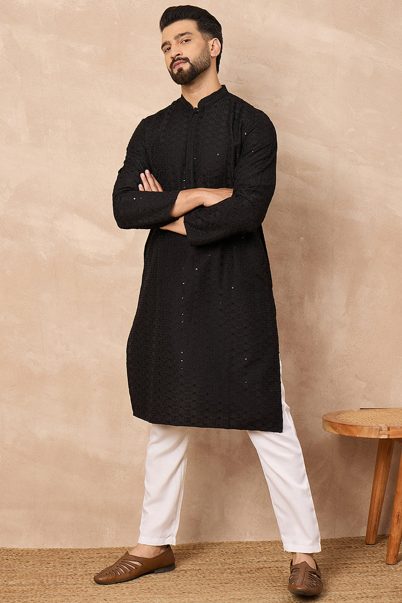 Black Viscose Rayon Solid Embroidered Straight Kurta | SHOBITAM