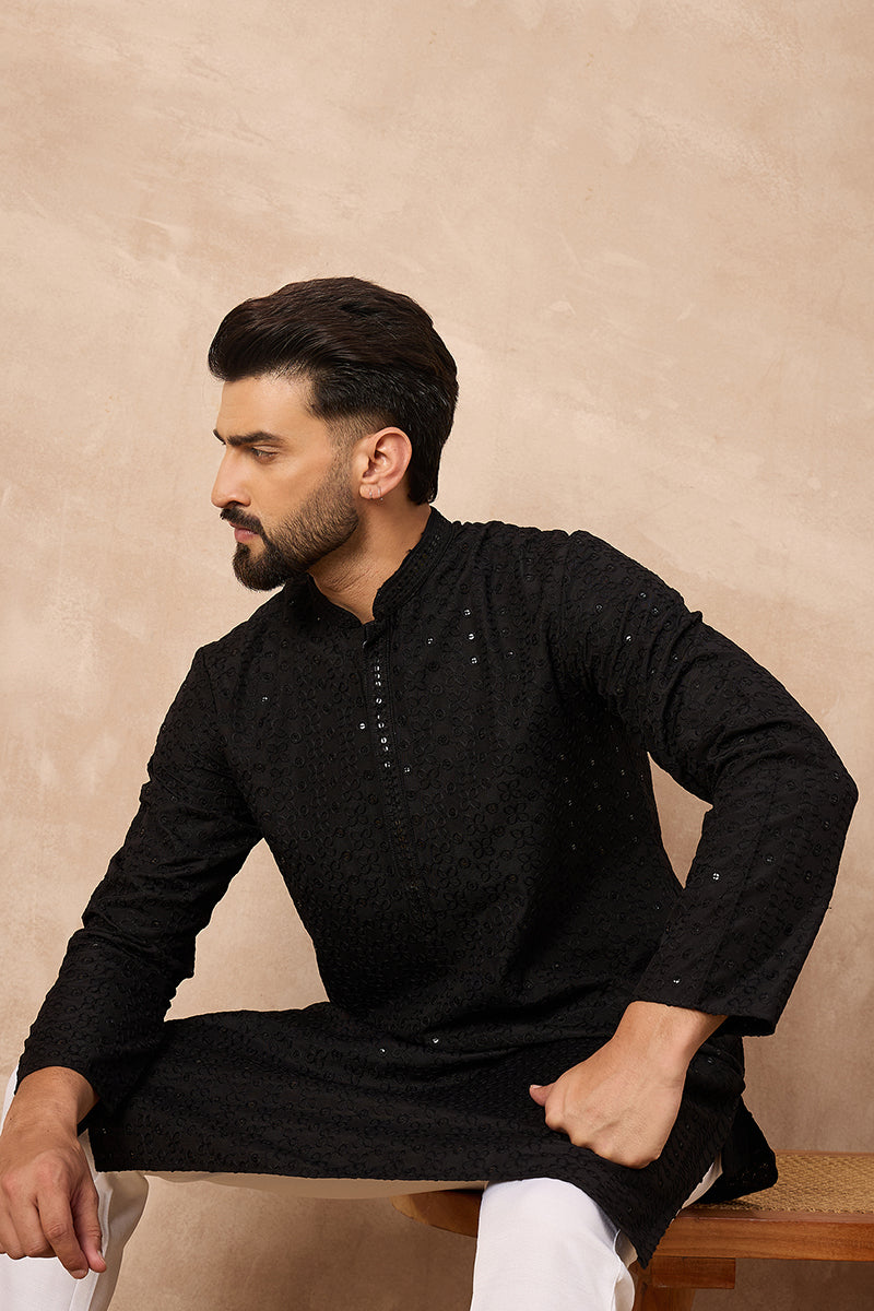 Black Viscose Rayon Solid Embroidered Straight Kurta | SHOBITAM