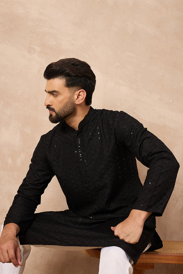 Black Viscose Rayon Solid Embroidered Straight Kurta | SHOBITAM