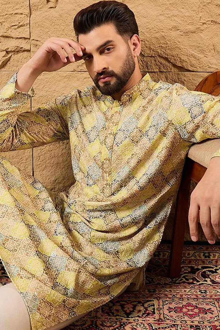 Yellow Viscose Rayon Bandhani Embroidered Straight Kurta | SHOBITAM