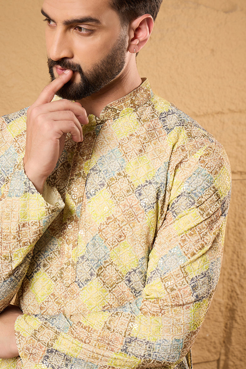 Yellow Viscose Rayon Bandhani Embroidered Straight Kurta | SHOBITAM
