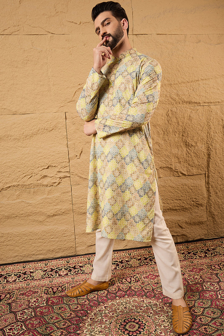 Yellow Viscose Rayon Bandhani Embroidered Straight Kurta | SHOBITAM