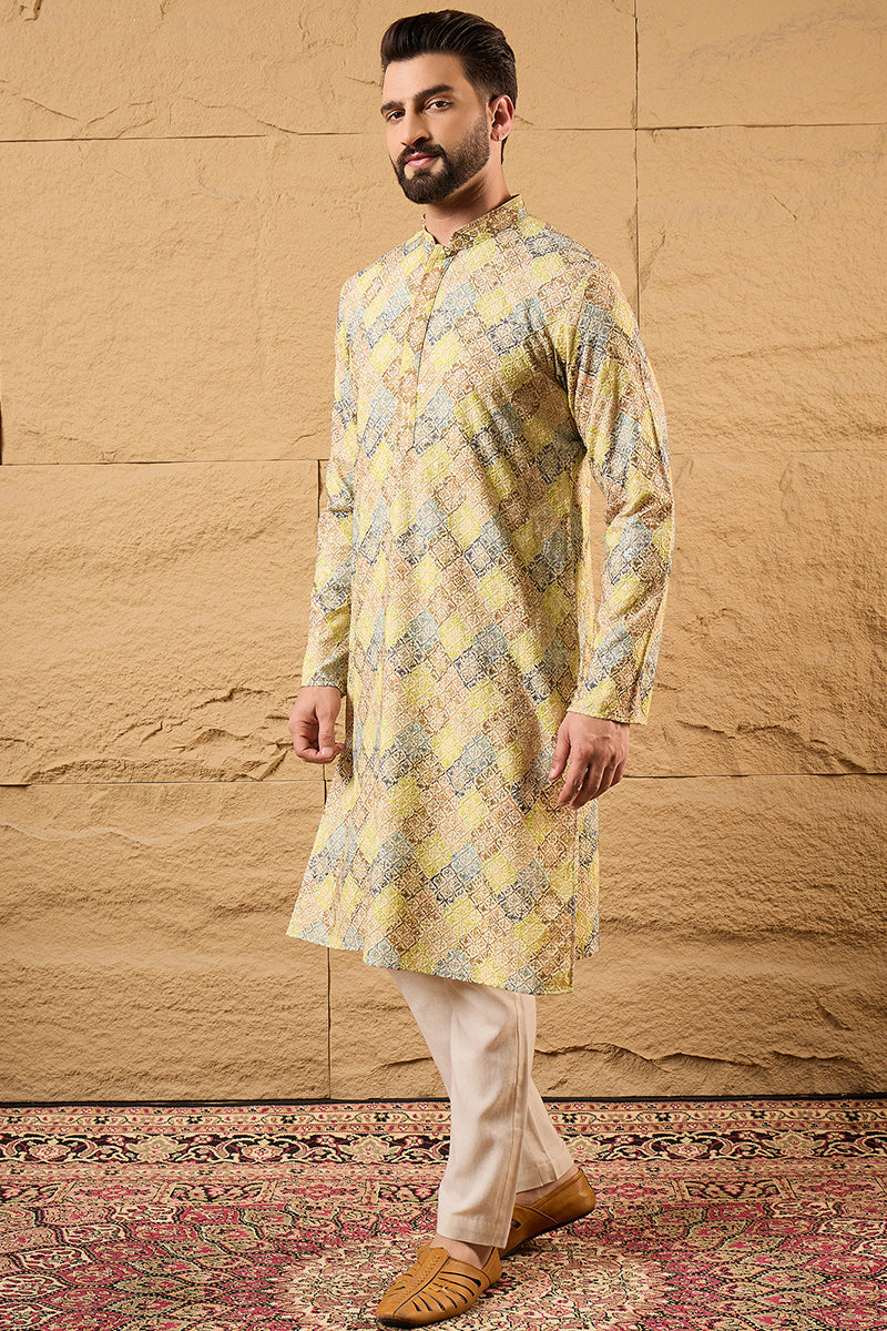 Yellow Viscose Rayon Bandhani Embroidered Straight Kurta With Pant Set | SHOBITAM